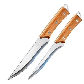 6127124-Два професионални ножа за филетиране и обезкостяване от неръждаема стомана – Кован кухненски нож за месо и риба с дървена дръжка